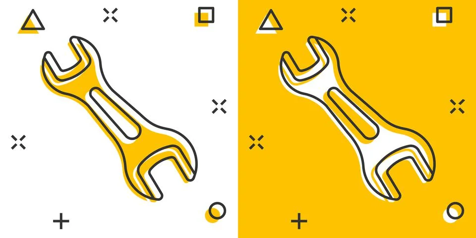 Wrench icon in comic style. Spanner key cartoon vector illustration on white  Stock Illustration