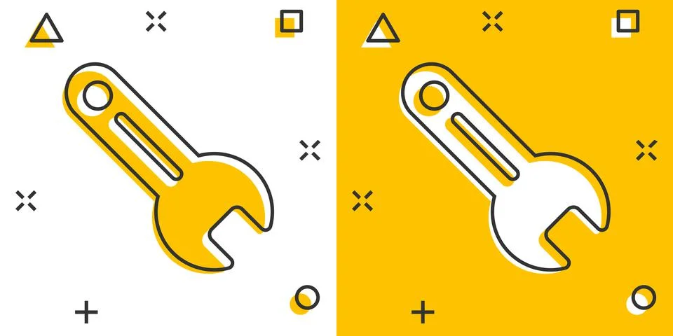 Wrench icon in comic style. Spanner key cartoon vector illustration on white  Illustrazione stock