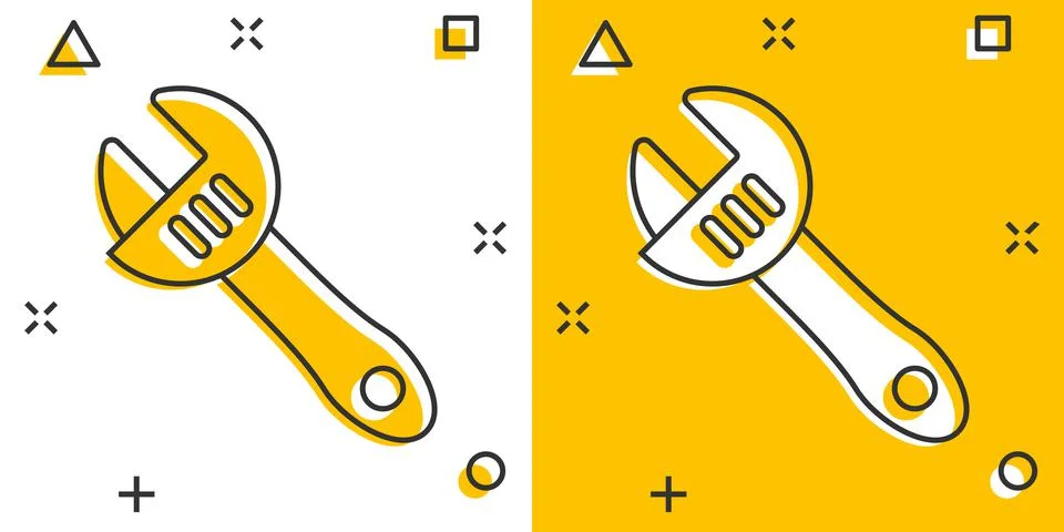 Wrench icon in comic style. Spanner key cartoon vector illustration on white  Illustrazione stock