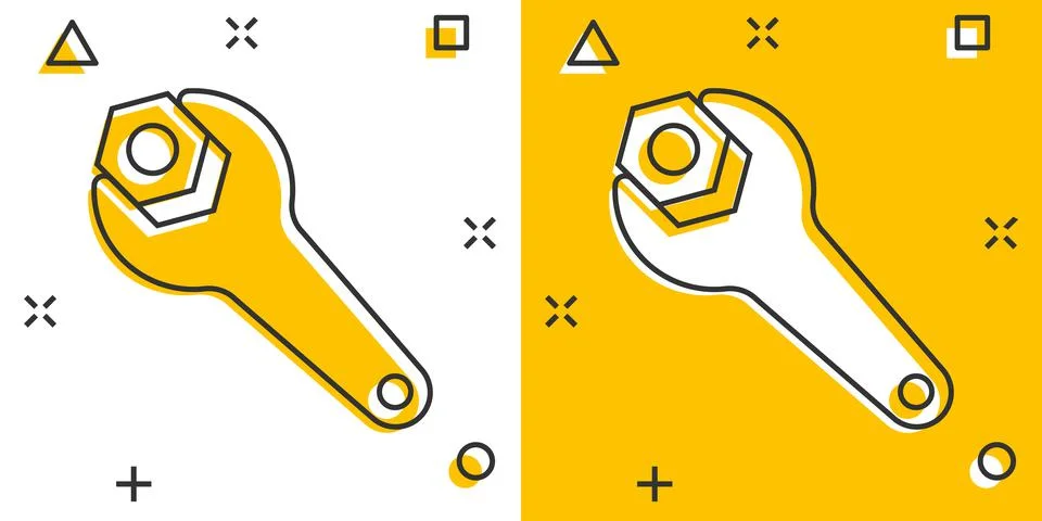 Wrench icon in comic style. Spanner key cartoon vector illustration on white  스톡 일러스트