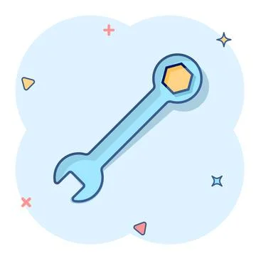 Wrench icon in comic style. Spanner key cartoon vector illustration on white  Illustrazione stock