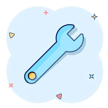 Wrench icon in comic style. Spanner key cartoon vector illustration on white  Stock Illustration
