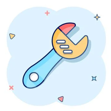 Wrench icon in comic style. Spanner key cartoon vector illustration on white  Stock Illustration