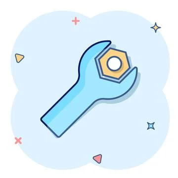 Wrench icon in comic style. Spanner key cartoon vector illustration on white  Illustrazione stock