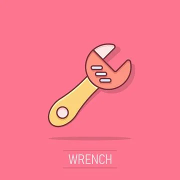 Wrench icon in comic style. Spanner key cartoon vector illustration on isol.. Stock Illustration