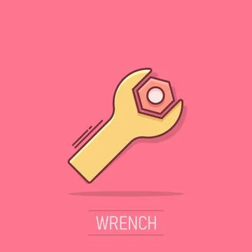 Wrench icon in comic style. Spanner key cartoon vector illustration on isol.. 스톡 일러스트