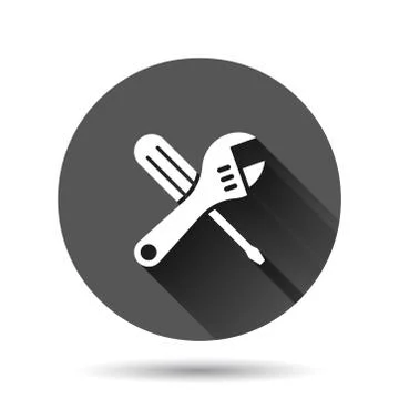 Wrench icon in flat style. Spanner key vector illustration on black round bac Illustrazione stock