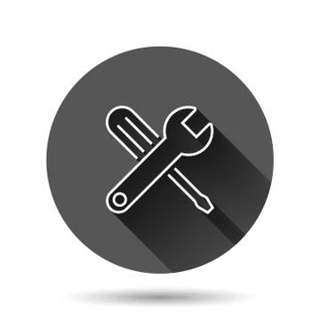 Wrench icon in flat style. Spanner key vector illustration on black round bac Stock Illustration