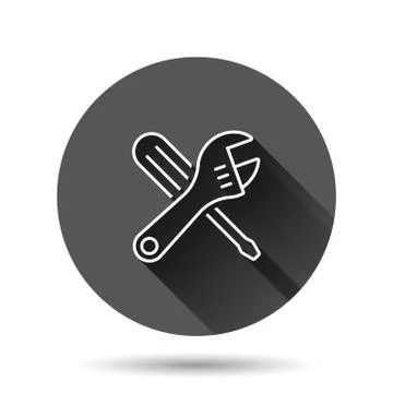 Wrench icon in flat style. Spanner key vector illustration on black round bac Stock Illustration