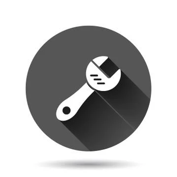 Wrench icon in flat style. Spanner key vector illustration on black round bac Illustrazione stock