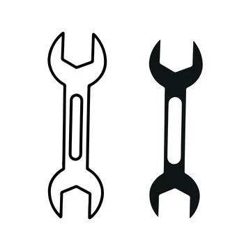Wrench Icon Set. Black solid and outlined tool symbols Stock Illustration