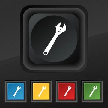Wrench icon symbol. Set of five colorful, stylish buttons on black texture fo Stock Illustration