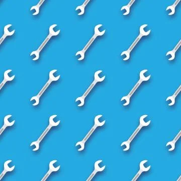 Wrench seamless pattern. Blue background. Tools with shadow. Illustrazione stock