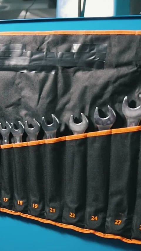 Wrench set in storage pockets Stock Footage 336307367