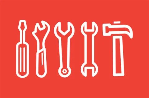 Wrench Spanner Screwdriver And Hammer Line Red Icon On White Background. Stock Illustration