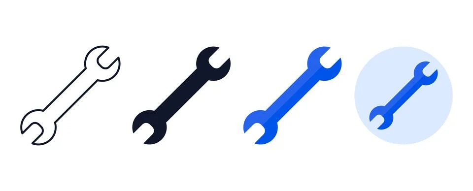 Wrench tool icon variations displayed in four distinct styles including out.. Illustrazione stock