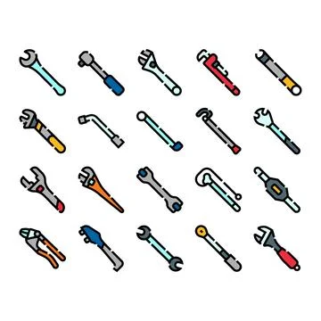 Wrench tools and various mechanical equipment icons Stock Illustration