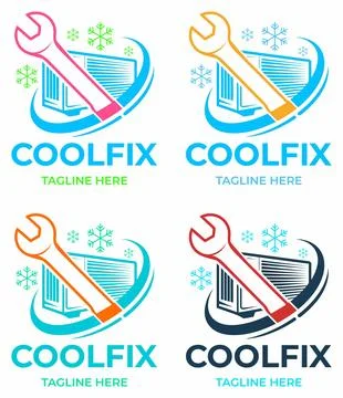 Wrenches and snowflakes with bold coolfix text in modern repair logo designs Stock Illustration