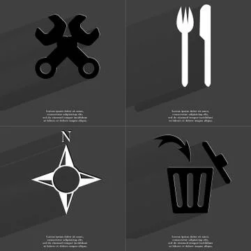 Wrenches, Fork and knife, Compass, Trash can. Symbols with long shadow. Flat des Stock Illustration