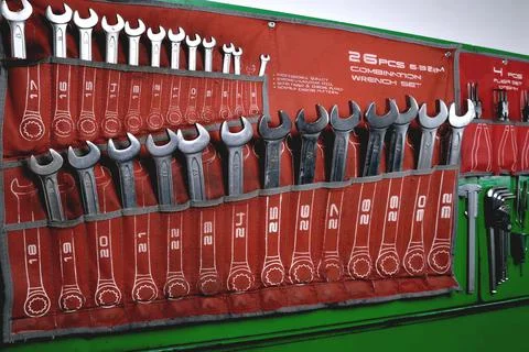 Wrenches, set of wrenches, tools on the wall in the workshop, repair shop, Stock Photos