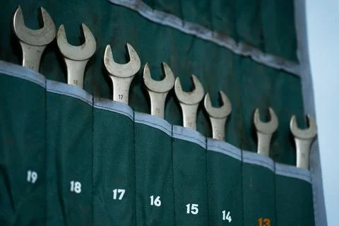 Wrenches by size in a case Stock Photos
