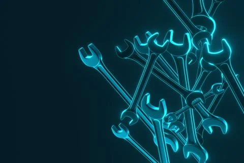 Wrenchs on blue background. 3d rendering Stock Photos