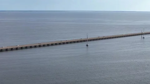 Wright Memorial Bridge Over Calm Ocean Under Bright Sunlight With Reflective Stock Footage 317650758
