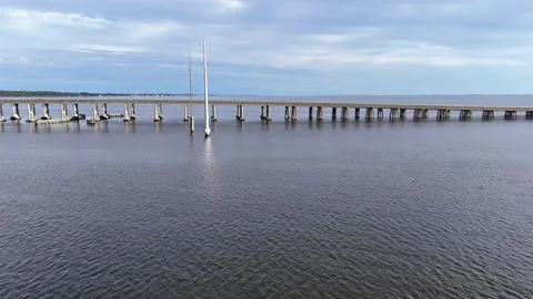 Wright Memorial Bridge Over Calm Ocean Under Bright Sunlight With Reflective Stock Footage 317650907