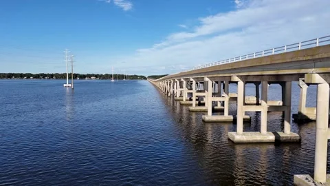 Wright Memorial Bridge Over Calm Ocean Under Bright Sunlight With Reflective Stock Footage 317650951