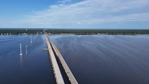 Wright Memorial Bridge Over Calm Ocean Under Bright Sunlight With Reflective Stock Footage 317651565