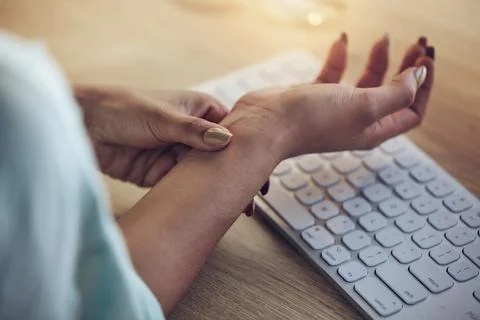 Wrist problem, computer keyboard or woman hands with carpal tunnel syndrome Stock Photos