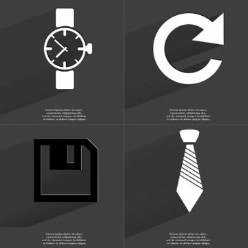 Wrist watch, Reload, Floppy disk, Tie icon sign. Set of Symbols with Flat des Stock Illustration