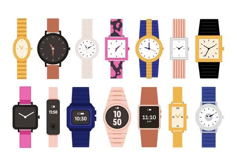 Wrist watch set vector flat illustration. Stock Illustration
