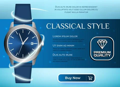 Wrist watch. Silver or chrome wristwatch. Classic style accessory with leather 库存插图