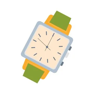 Wrist watch with strap in flat design. Clock accessory with dial and hands... Stock Illustration