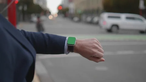 Wristwatch Interface Smart Watch City Street Traffic Transportation Businessman Stock Footage 119799077