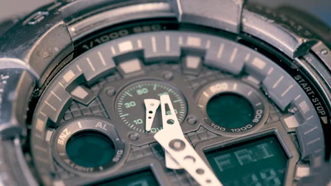 Wristwatch with multiple features, including a digital display and analog . Stock Footage 330592605