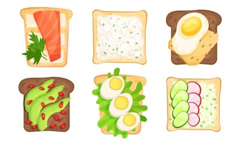 Write And Brown Bread Toasts With Different Toppings Vector Illustrated Set 스톡 일러스트