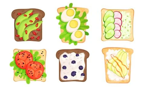 Write And Brown Bread Toasts With Different Toppings Vector Illustrated Set Stock Illustration