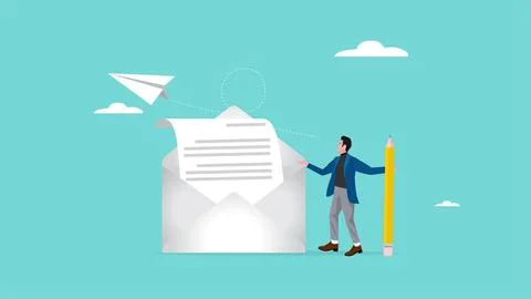 Write and send messages using email, business man holding pencil writing me.. Stock Illustration