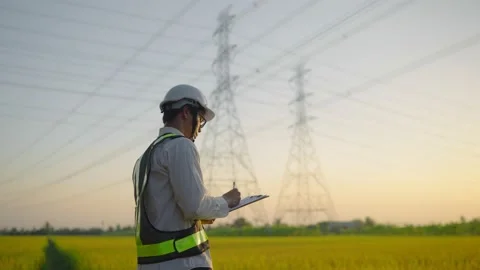 Write on clipboard engineer at electric high pole, notes and study case, working Stock Footage 148355244