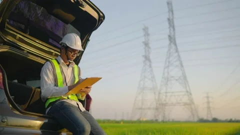 Write on clipboard engineer at electric high pole, notes and study case, working Stock-Footage 148356234