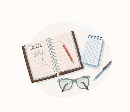 Write concept vector illustration. Notepad, glasses, notebook, paper notes with Illustrazione stock