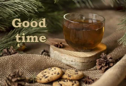 Write good time and tea with cookies Foto stock