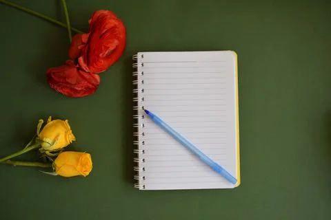 Write a message in the notepad. Yellow and red roses Stock Photos