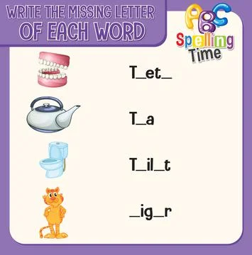 Write the missing letter of each word worksheet for children Stock Illustration