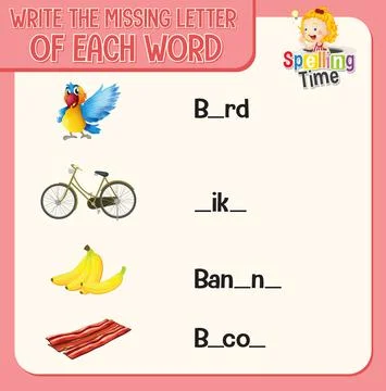 Write the missing letter of each word worksheet for children Stock Illustration