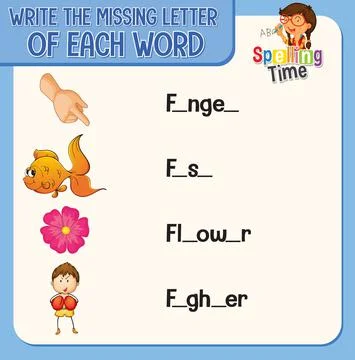 Write the missing letter of each word worksheet for children Stock Illustration