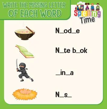 Write the missing letter of each word worksheet for children Stock Illustration
