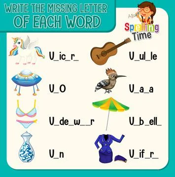 Write the missing letter of each word worksheet for children Stock Illustration